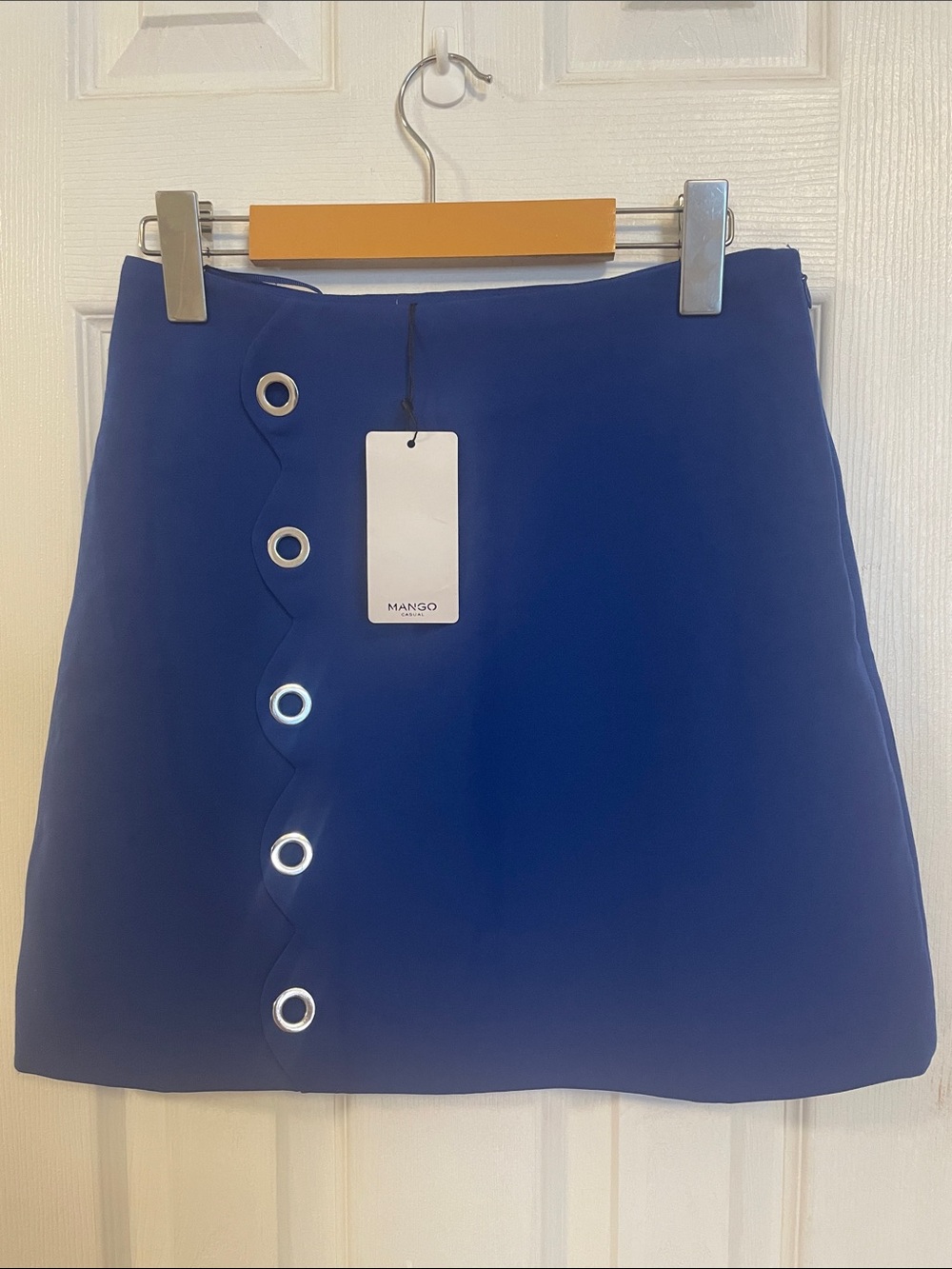 Mango Casual Blue Grommet Scallop Mini Skirt NWT XXS